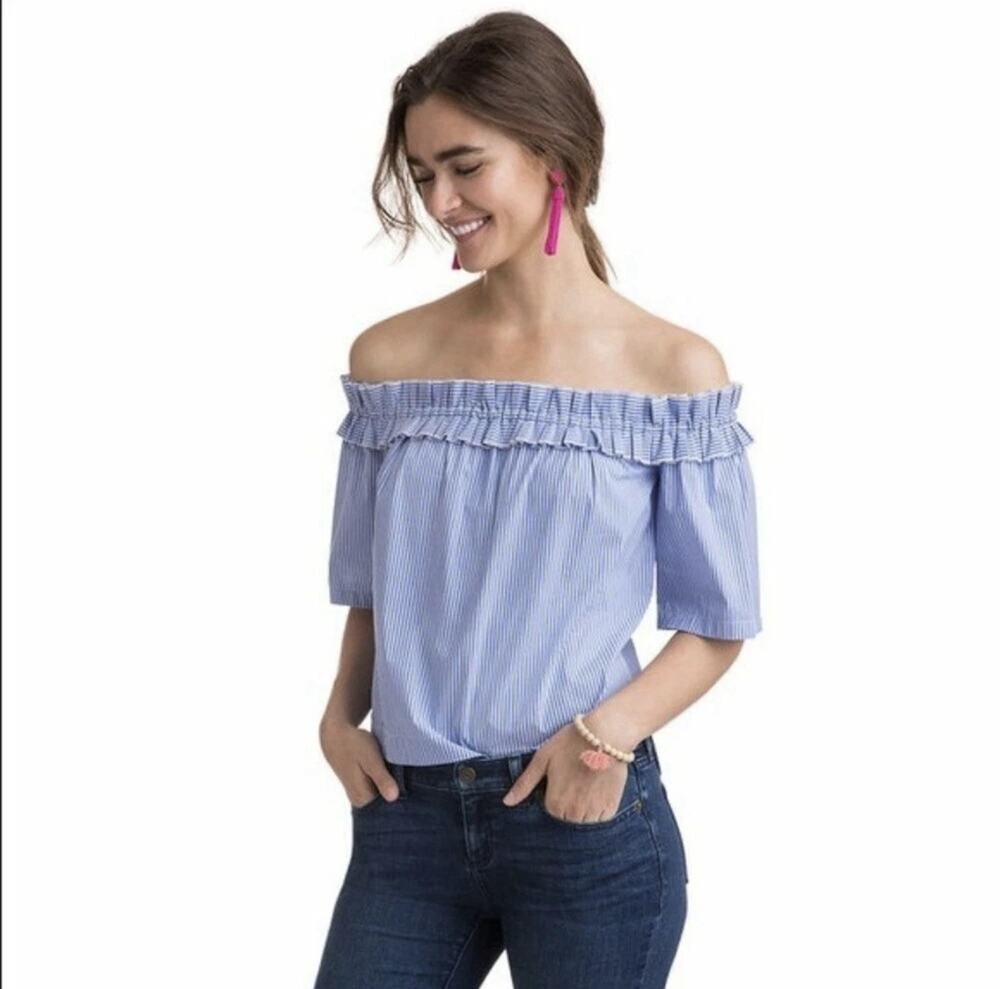 VINEYARD VINES Women's Blue/White Striped Off the Shoulder Crop Top - Size L